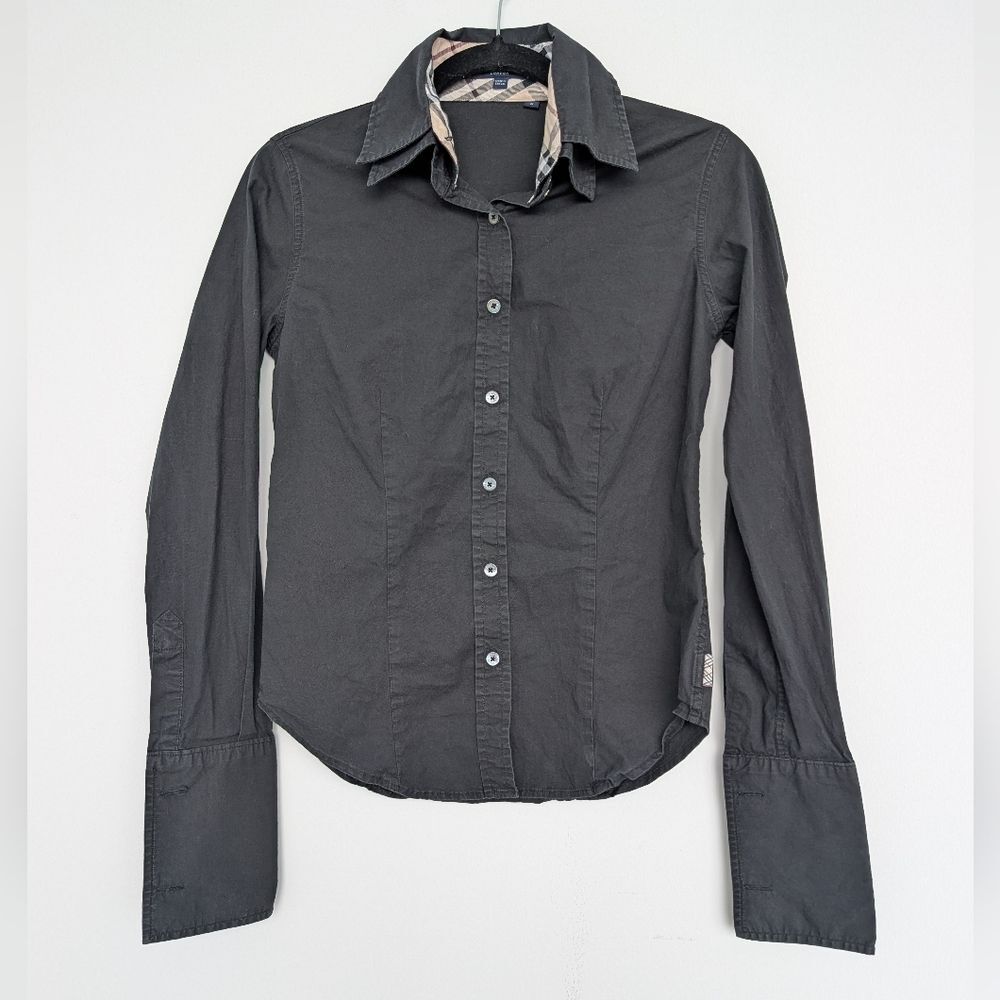 Burberry London Nova Check Double Collar Button Down Shirt Black Shirt Sz S